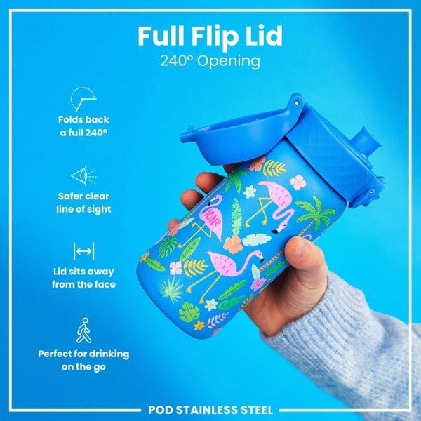 ION8 Leak Proof Kids Water Bottle, Stainless Steel, Flamingos, 400ml (13oz)