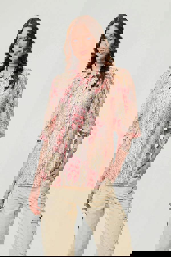 Pink | Floral Lace Trim 3/4 Puff Sleeve Shirt