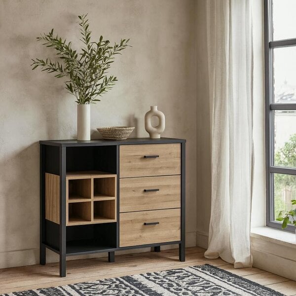 Wyld Haus Yokohama Black and Natural Oak Wood 3 Drawer Display Chest Bar Cabinet