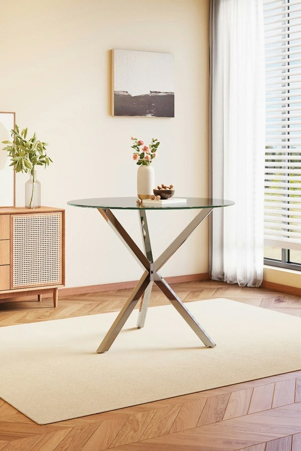 Living and Home Modern Clear Tempered Glass Dining Table Coffee Table with Chrome Three-Way Crossed Legs