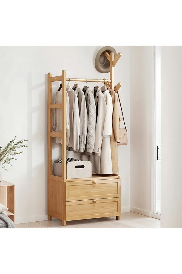 Living and Home Freestanding Bamboo Clothes Rack Garment Rack with Storage Shelves Coat Hanger