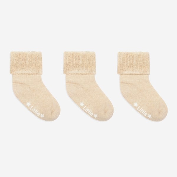 Little Sock Co. Cosy Stay On Winter Warm Non Slip Socks - 3 Pack in Biscuit