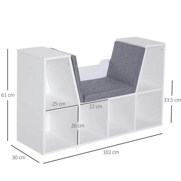 White cube storage shelf with gray cushioned seat and open cubby compartments
