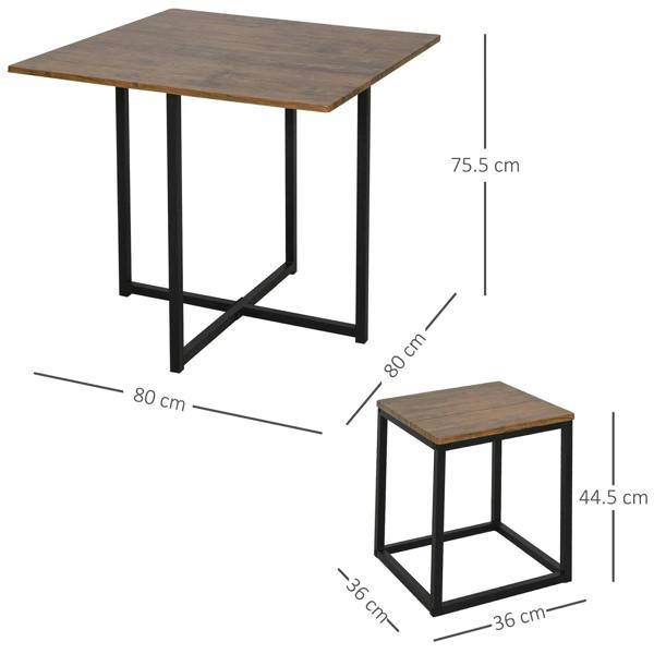 Square brown dining table and matching stool set with black metal frames, dimensions shown