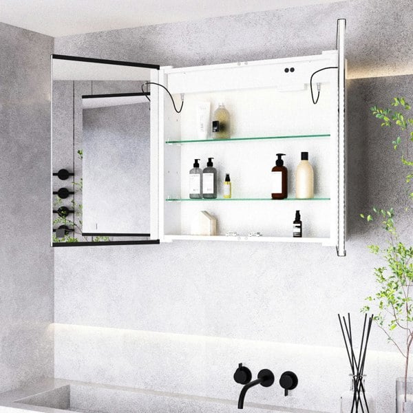 65W*60Hcm LED Mirror Cabinet Double Door Bathroom Mirror Cabinet Living and Home