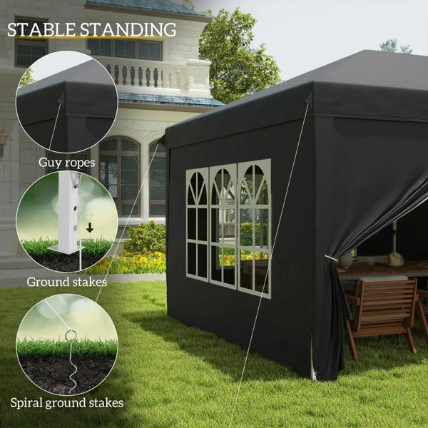 Black pop-up canopy tent with guy ropes and ground stakes, window panel visible