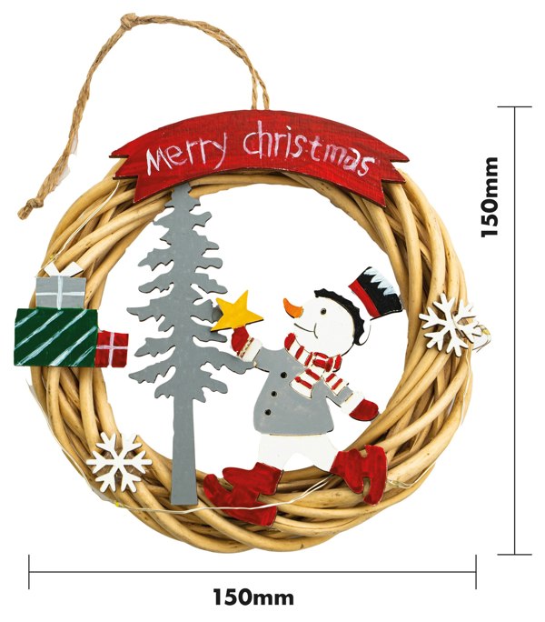 St Helens Natural Colour  Hanging Wicker  Wreath With Snowma