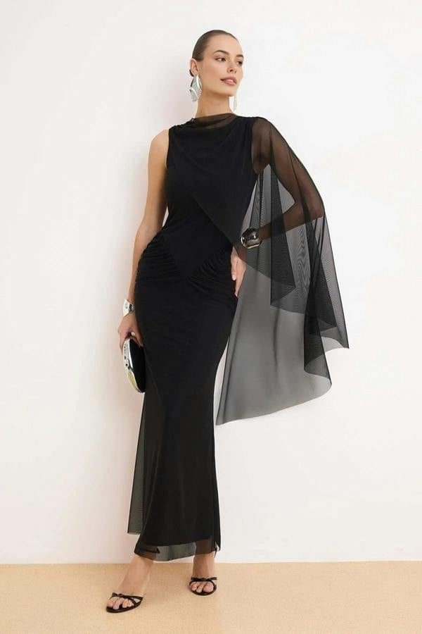 Pelerin Detailed Tulle Lined Maxi Evening Dress