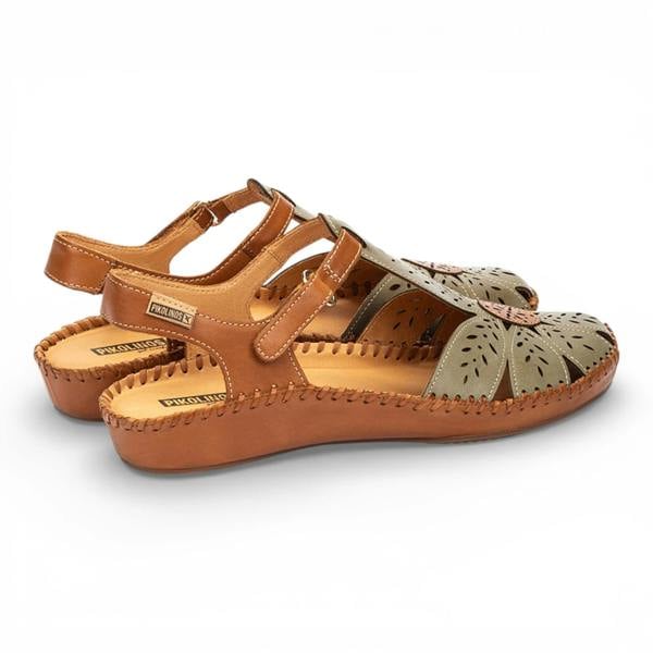 Pikolinos P-Vallarta - Women’s Tan Green Leather Wedge Sandals