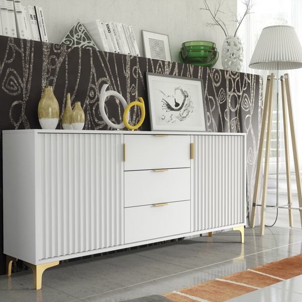 Mex Furniture Captivating White 140cm Sideboard with Ribbed Doors and Gold Accents