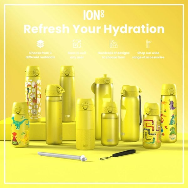 Yellow ION8 water bottles of various sizes and designs are displayed on a yellow surface; accessories are also shown. Refresh Your Hydration. Choose from 3 different materials. Sizes to suit any user. Hundreds of designs to choose from. Shop our wide range of accessories.