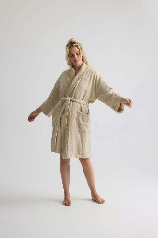 Pretty You London Short Terry Lined Linen Robe In Summer Sand