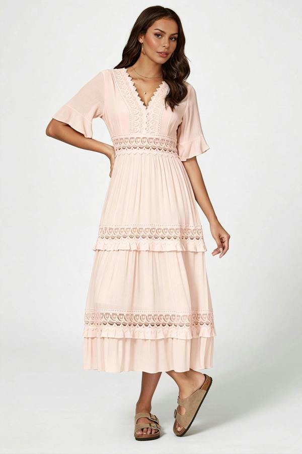 FS Collection V Neck Lace Detail Midi Dress In Soft Champagne