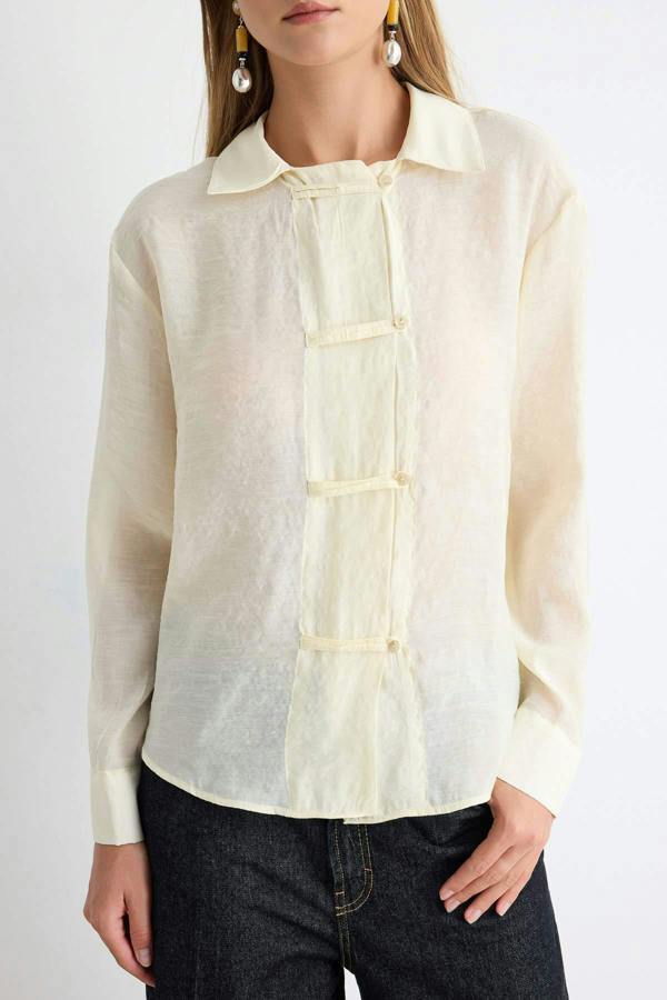 WOVCOR Relaxed Fit Long Sleeve Shirt with Tie Detail