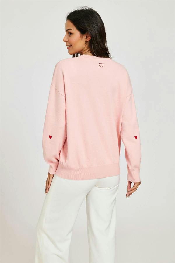 FS Collection Embroidery Red Heart V Neck Jumper In Milk Pink