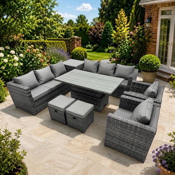 Fimous 10 Seater Outdoor Corner Sofa Height Adjustable Rising Lifting Table Set Garden Rattan Furniture Set with Side Table 2 Small Stools Dark Grey