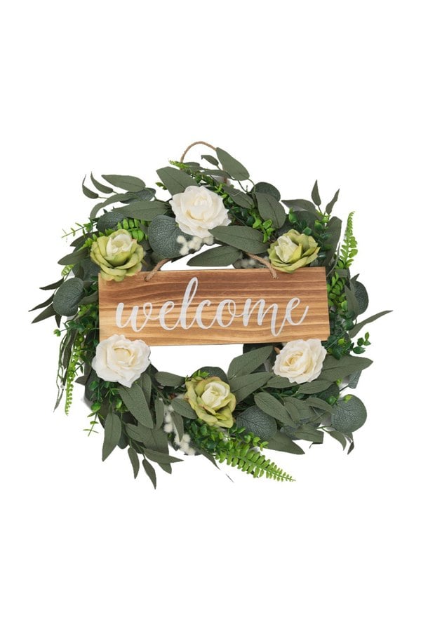 Living and Home D45cm Farmhouse Door Artificial Rose Flower Wreath Welcome Sign