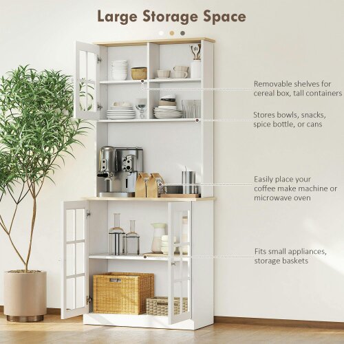 Wyld Haus Somire Wooden White Kitchen Storage Cabinet With Glass Doors Countertop And Adjustable Shelves