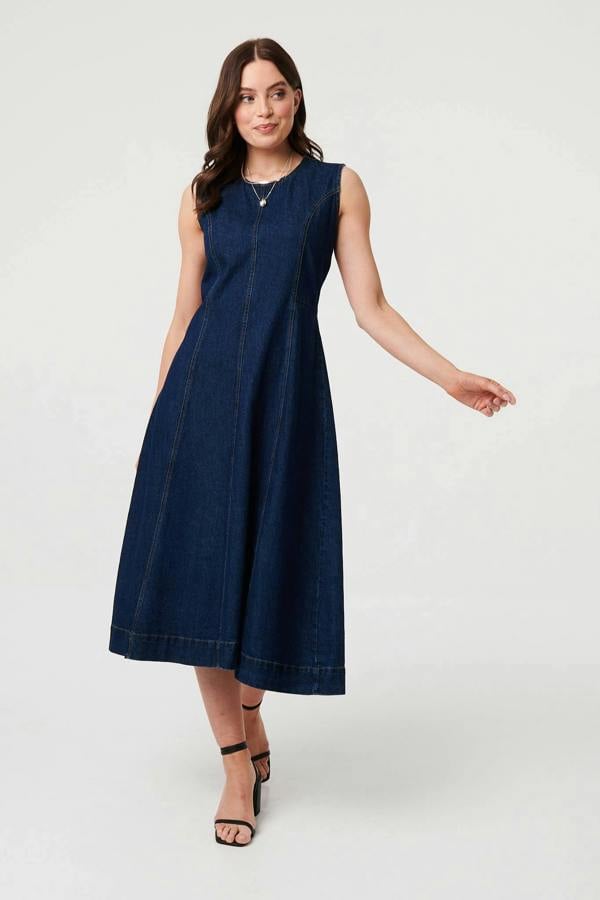 Blue | Denim Sleeveless Midi A-Line Dress
