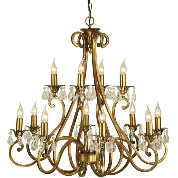 Esher Ceiling Pendant Chandelier Antique Brass & Crystal Curved 12 Lamp Light Loops