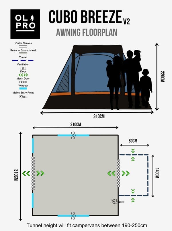 Cubo Breeze® v2 Campervan Awning by OLPRO specification and footprint on a white background imageset:Charcoal