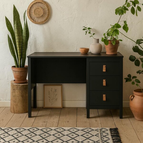 Wyld Haus Wildberry Matt Black Wooden Desk 3 Drawers Leather Handles