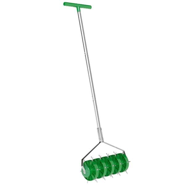 Dark green manual lawn aerator spike roller with metal frame and handle