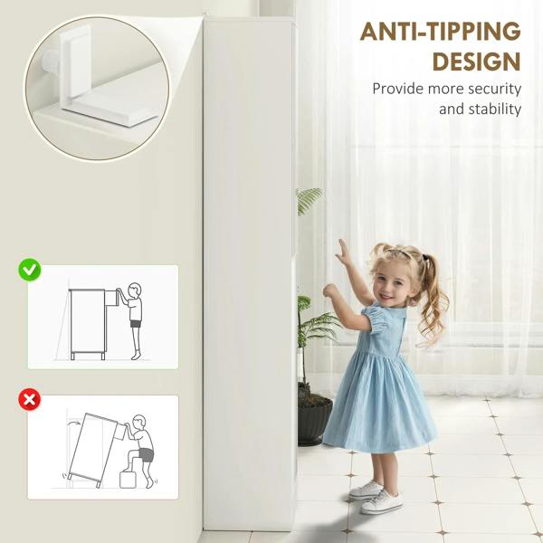 White tall bathroom cabinet with mirror, anti-tip stability detail
