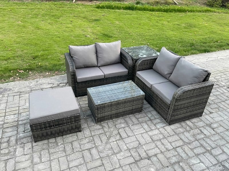 Fimous Outdoor Lounge Sofa Set Rattan Garden Furniture Set with Rectangular Coffee Table Big Footstool Side Table Dark Grey Mixed