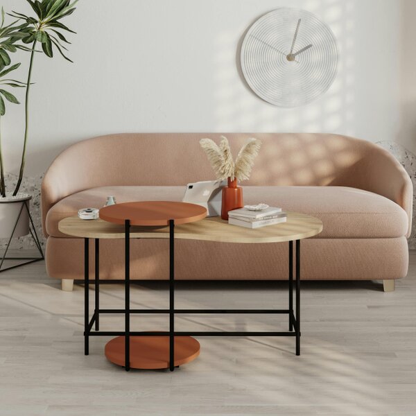 Decortie Modern Cuddle Coffee Tables 2 Piece Nested Table Round w Wheels and Oval Table Metal Legs Office - Oak-Cinnamon