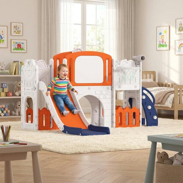 7 in 1 Toddler Slide Set with Basketball Hoop, Climbing Frame, Telescope, Drawing Board, Storage Box, Orange