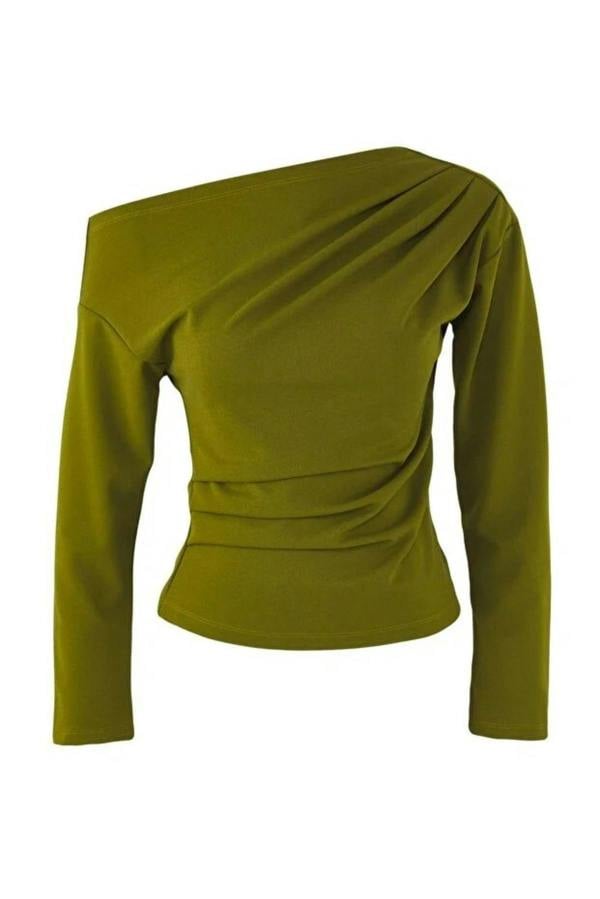 WOVCOR Asymmetrical Collar Knit Blouse with Drape Detail
