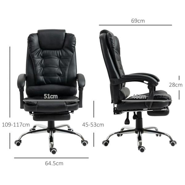 Black executive office chair shown from front and side views with retractable footrest
