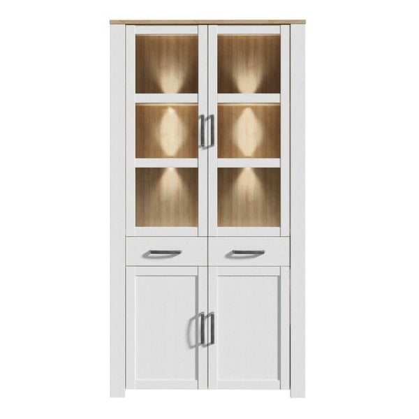 Wyld Haus Southampton White and Natural Oak Effect Display Cabinet with LED Lighting 4 Door 2 Drawer