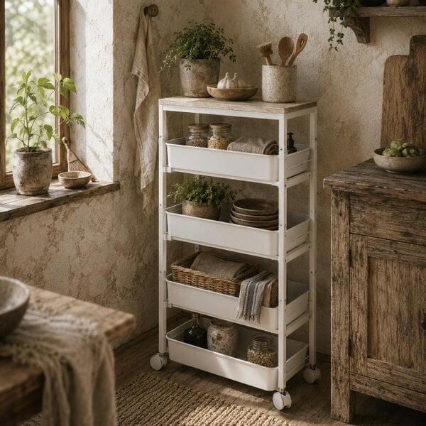Wyld Haus Lubani Metal White 5 Tier Storage Trolley On Wheels
