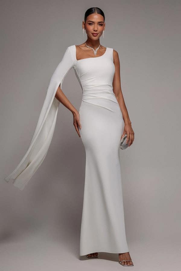 One Shoulder Cape Sleeve Maxi Dress - White DR5041