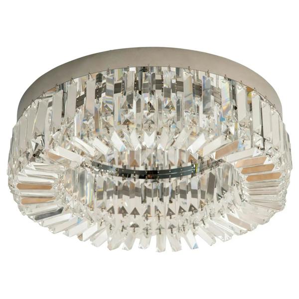 Silver crystal ceiling light with round canopy and faceted crystal prisms