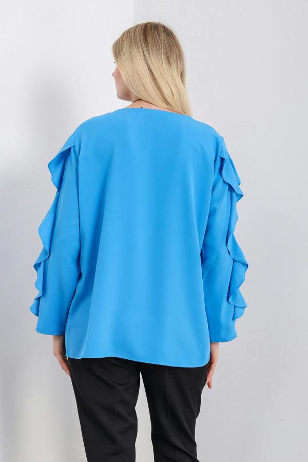 Hoxton Gal Oversized Ruffle Sleeve Relaxed Fit Top In Blue