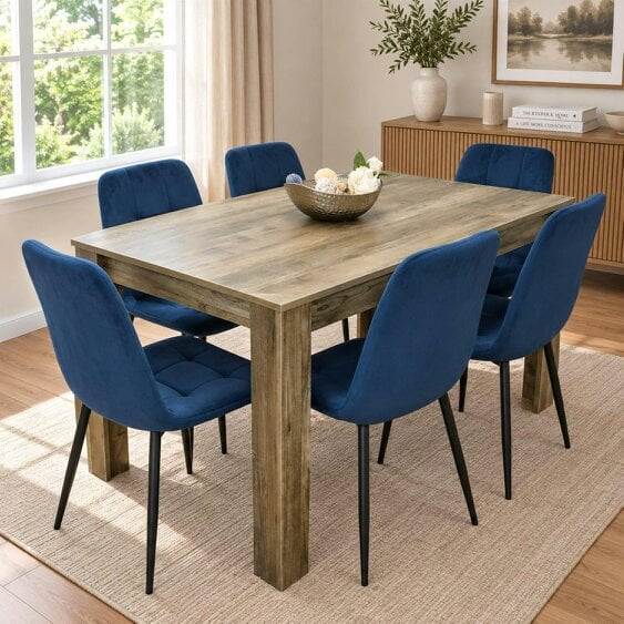 Kosy Koala Dining Table and 6 Chairs - Rustic Effect Dining Table With 6 Blue Velvet Chairs Dining Furniture