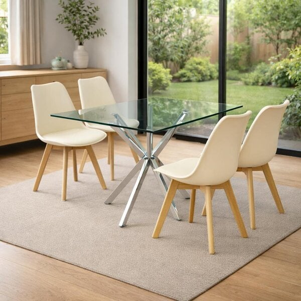 Kosy Koala Modern Rectangle Glass Dining Table Set With 4 Cream Plastic Chairs Dining Room Furniture