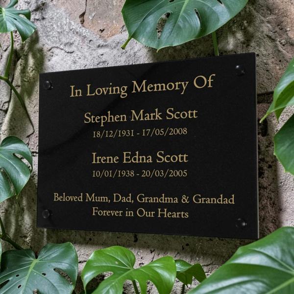 Memorials Direct Granite Memorial Wall Mounted Plaque for Two Names, Free Personalised Gold Engraving