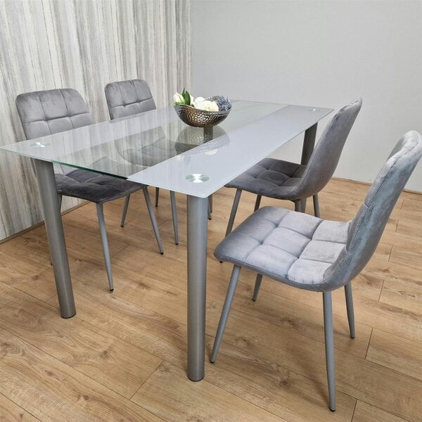 Kosy Koala Dining Table Clear Glass and 4 Velvet Grey Chairs Dining Room Furniture