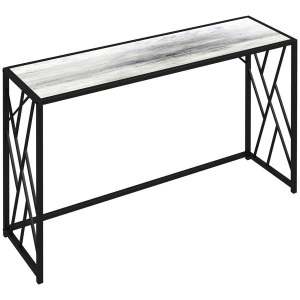 Industrial console table with grey wood-look top and black metal X-frame sides
