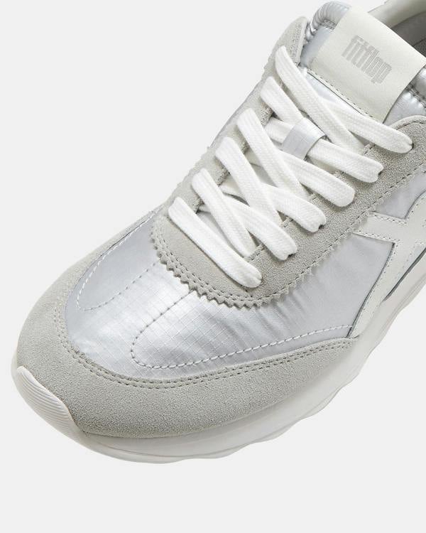 FitFlop Womens Retro-Q FF Metallic-Fabric/Suede Trainers - Silver/Urban White E11