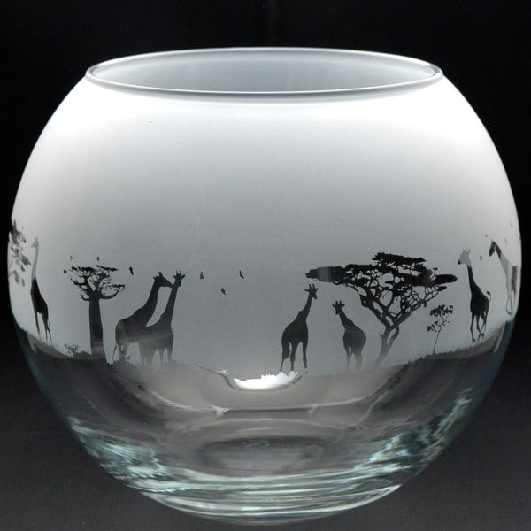 Glyptic Glass Art Giraffe Glass Flora Bowl Vase - Hand Etched/Engraved Gift