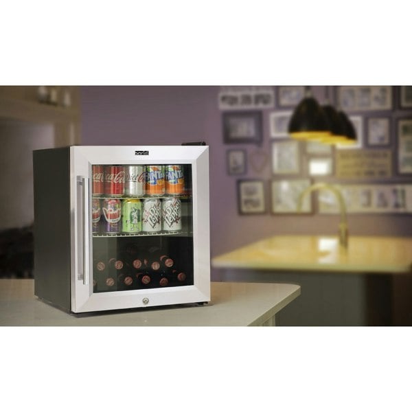 50L Worktop Wine Beer Drinks Fridge Cooler - STEEL & GLASS LED 64x 330ml Cans - LoopsDirect