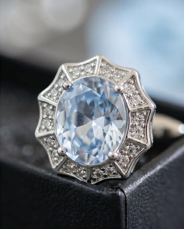 Ring with a large blue gemstone and diamond-studded halo on a black surface.