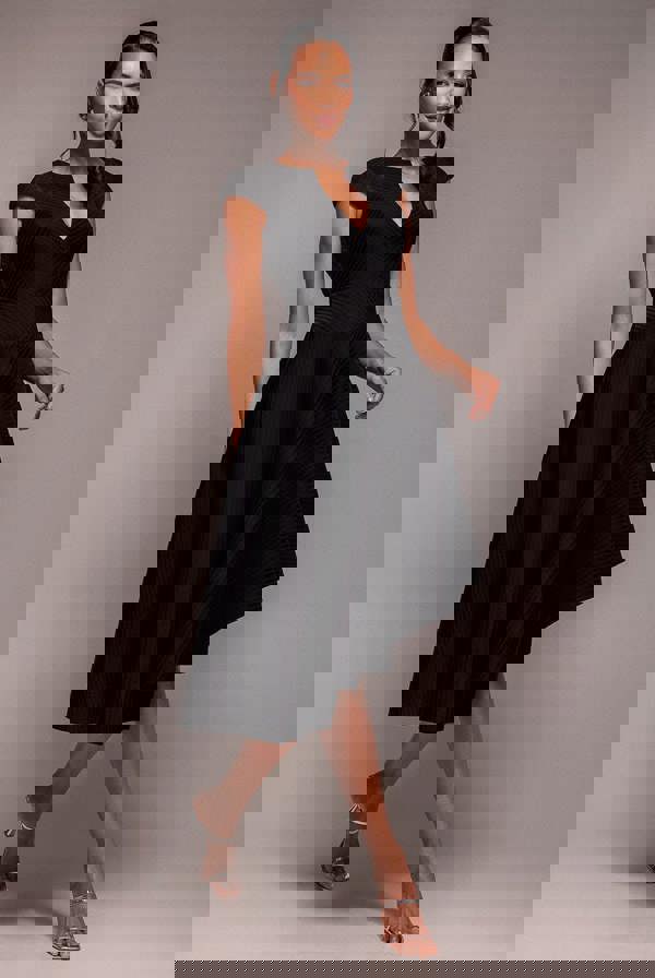 Cap Sleeve Textured Skater Asymmetric Midi Dress - Black DR5076