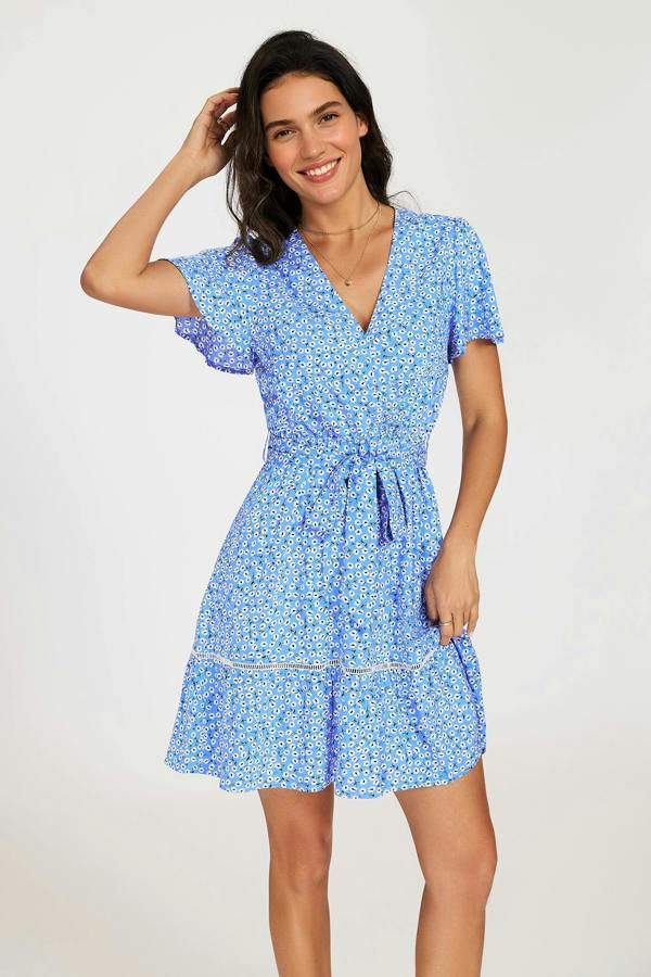 FS Collection Wrap Top Floral Print Hem Mini Dress In Blue