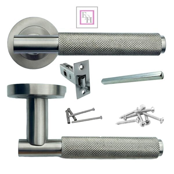 EDH Door Hardware Satin Nickel Knurled Door Handles on Round Rose – Modern Internal Lever Handle Sets